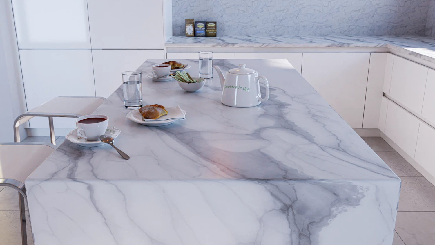 white marble kitchen countertop